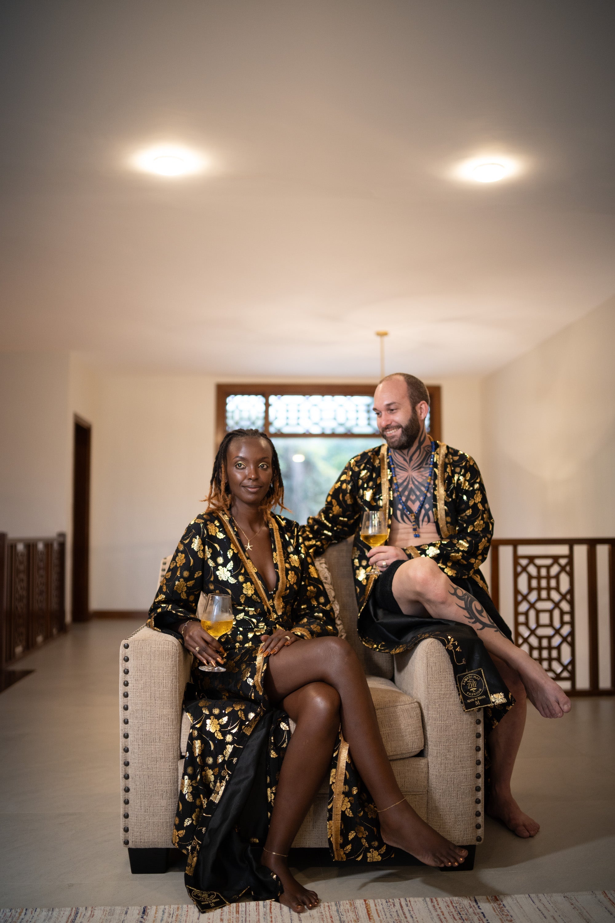 Black & Gold White & Gold African cover-up with gold trim & belt limited-edition evening & party outfit; handcrafted in Kenya