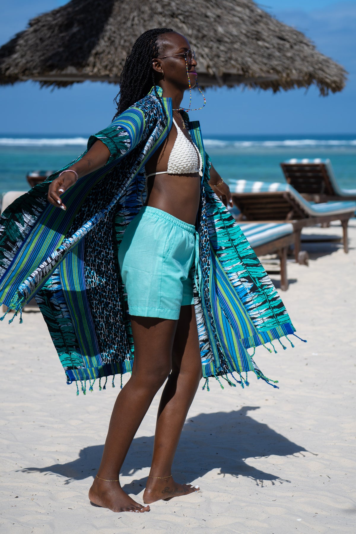 Ocean Teal Kenyan Wrap | Caftán abierto con estampado africano