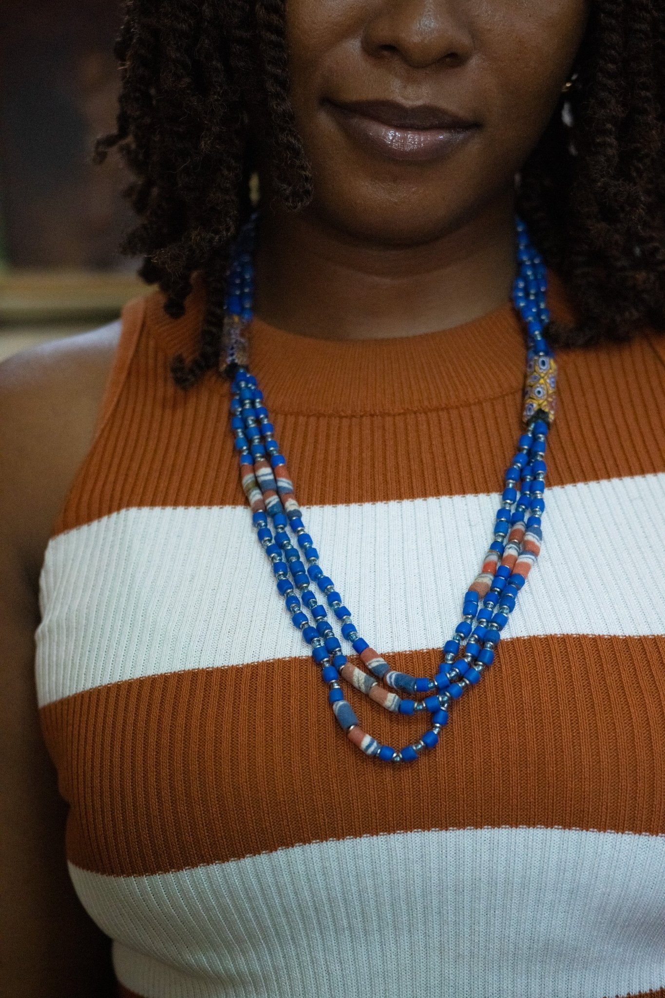 Blue & Orange African Trade Bead Necklaces Necklace Blue - Zawadi Hat Fashion