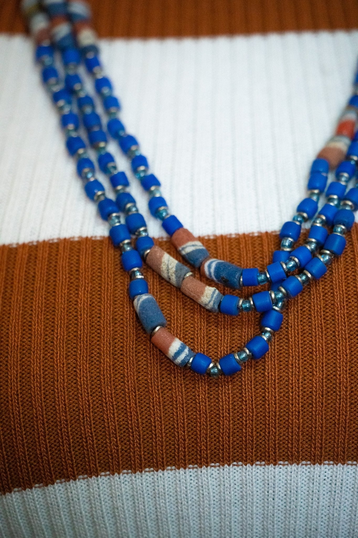 Blue & Orange African Trade Bead Necklaces Necklace Blue - Zawadi Hat Fashion