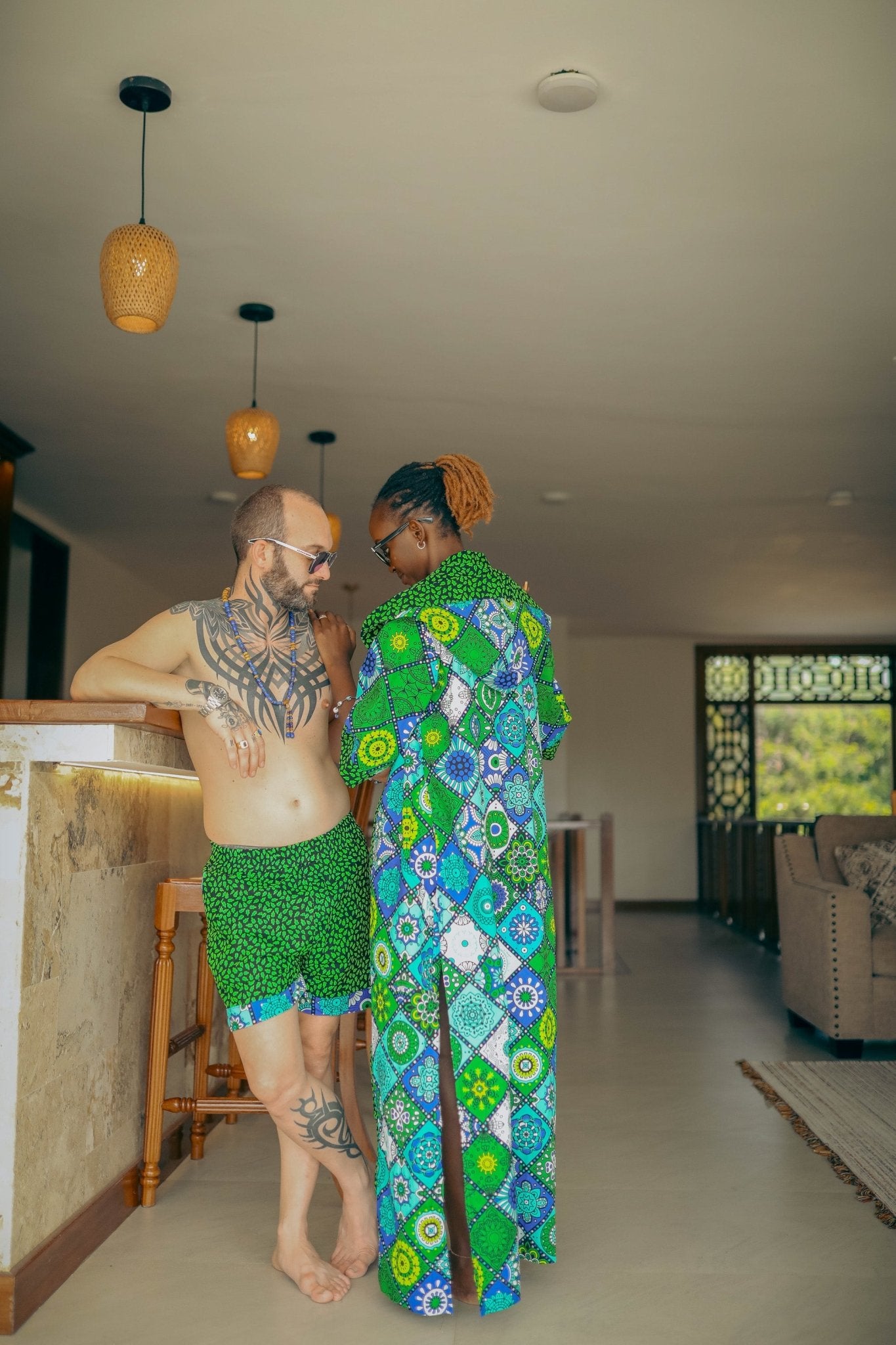 Mandala Bloom green and blue print resort shorts with deep pockets; boho African festival outfit, hand-cut in Kenya, ZHF