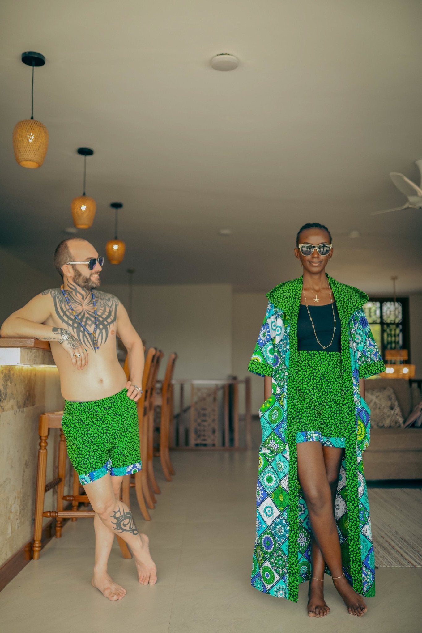 Mandala Bloom green and blue print resort shorts with deep pockets; boho African festival outfit, hand-cut in Kenya, ZHF