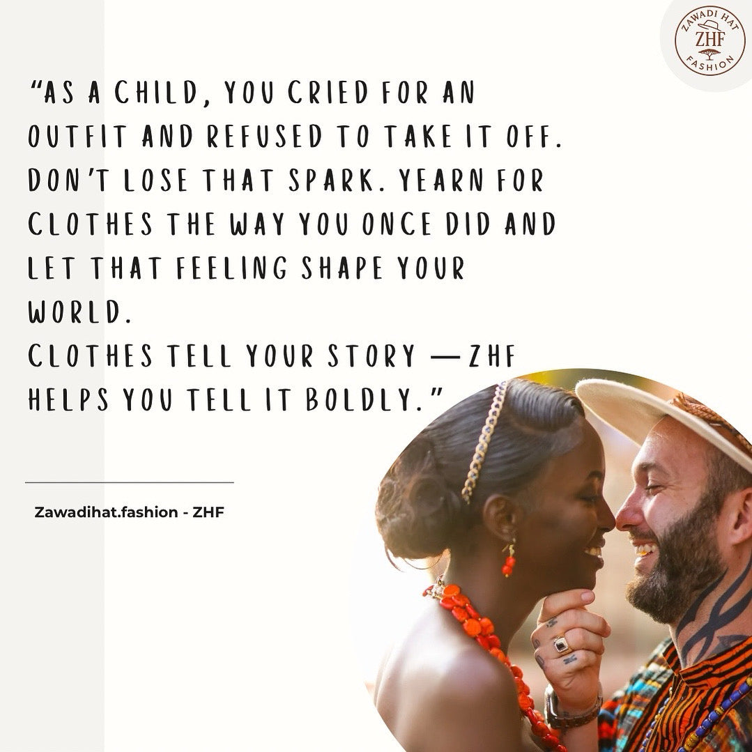 Couple embracing with a quote about clothing telling your story, Zawadihat.fashion