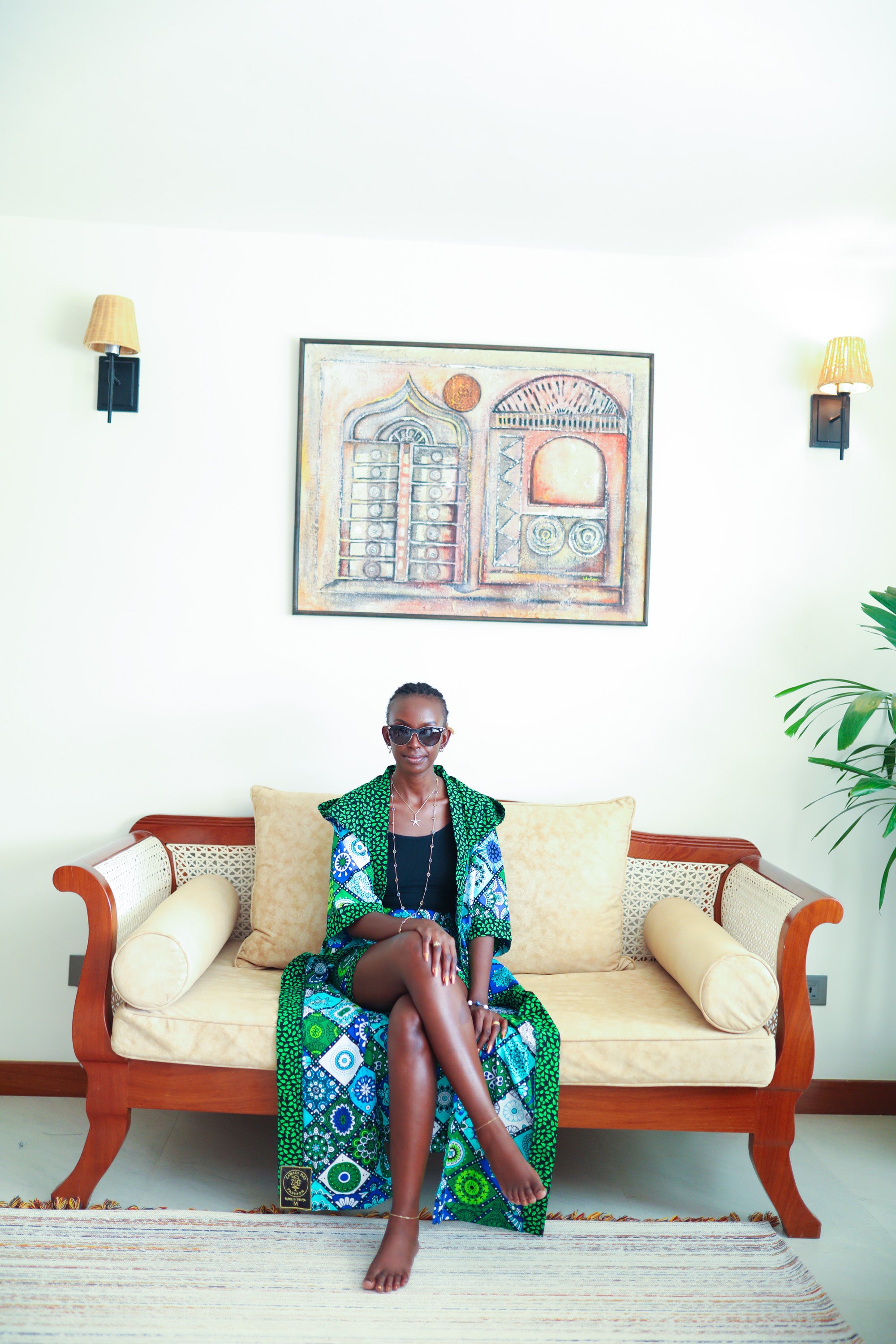 Woman in Mandala Bloom African cover-up and shorts set with bold mandala-inspired pattern – Zawadi Hat Fashion