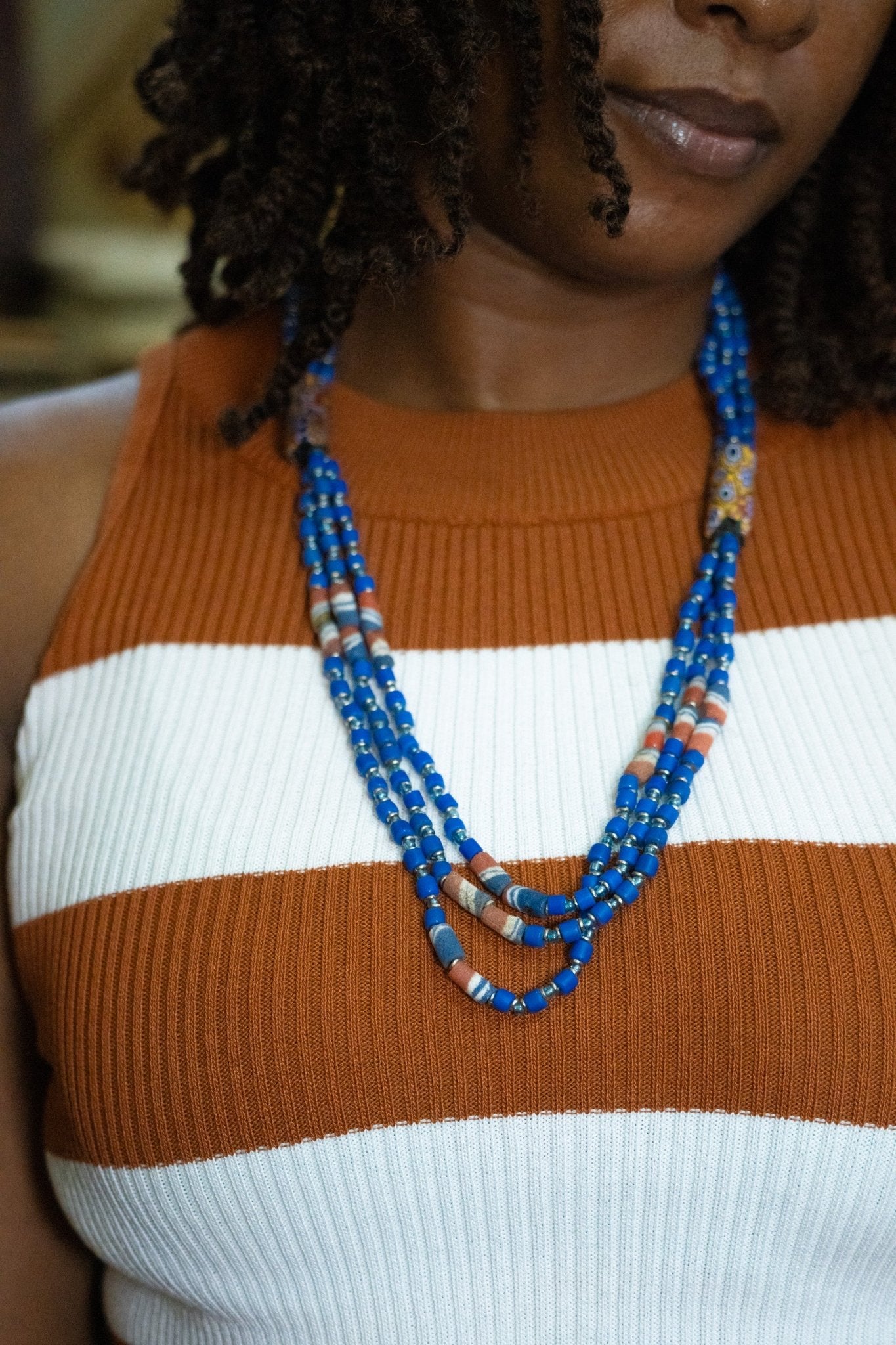 Blue & Orange African Trade Bead Necklaces Necklace Blue - Zawadi Hat Fashion