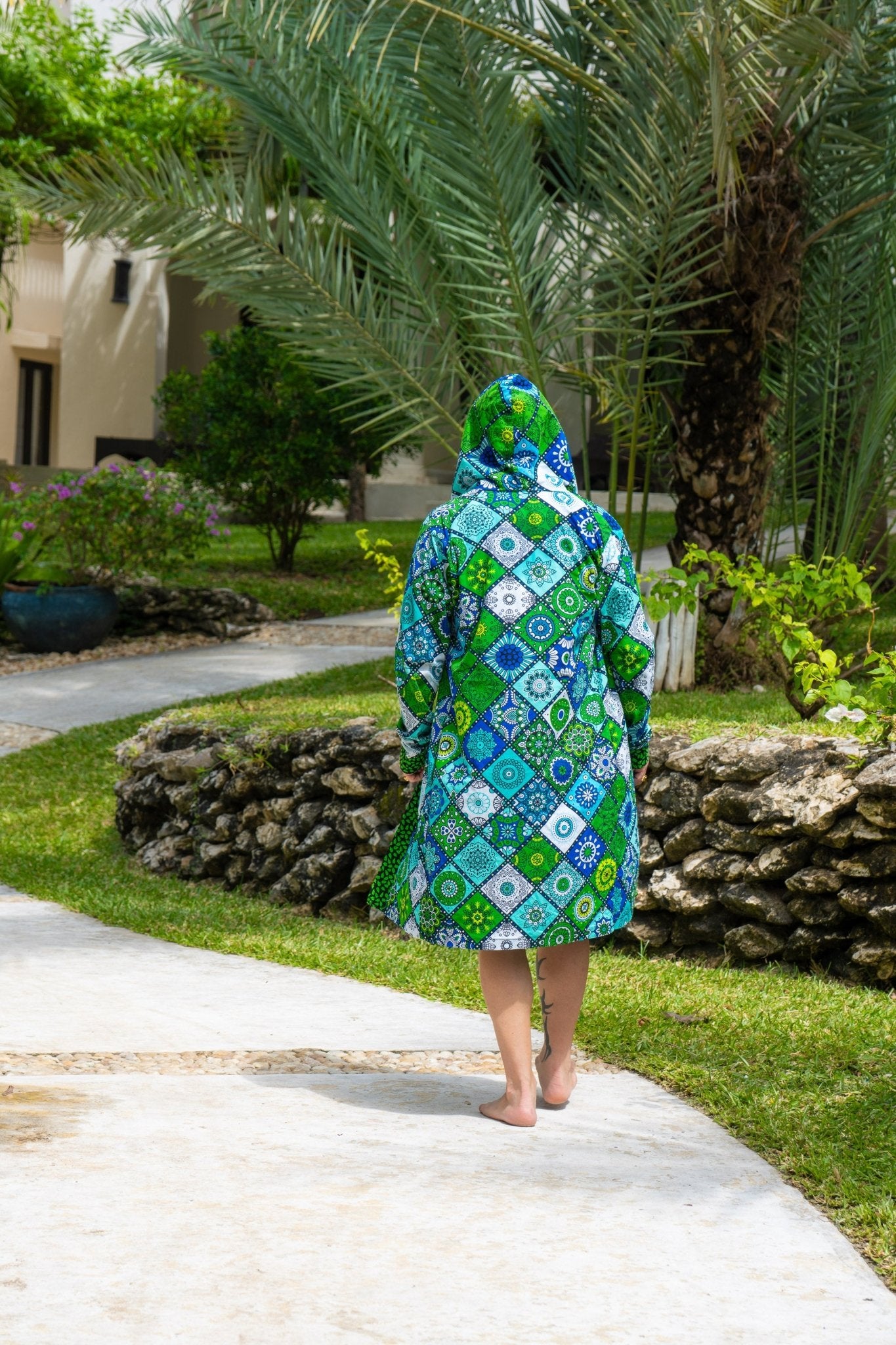 Mandala Bloom Hooded Knee-Length Cover-Up | African Print Travel & Resort Wear - Zawadi Hat Fashion