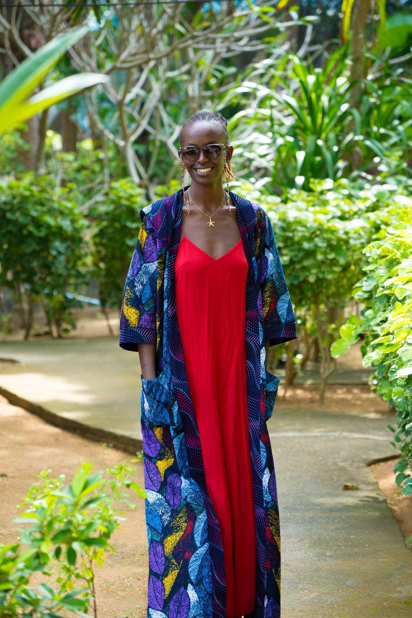 Midnight Garden Long Cover - Up — Double - Slit Luxury Resort Wear - Zawadi Hat Fashion