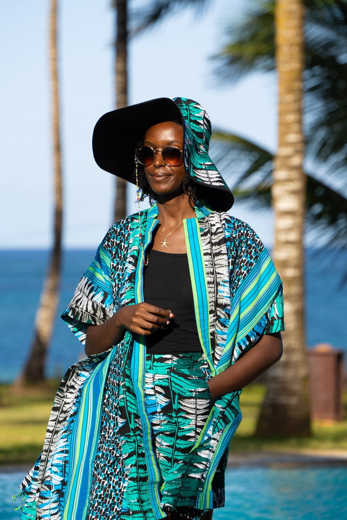 Ocean Teal Kenyan Wrap | African Print Open Kaftan - Zawadi Hat Fashion
