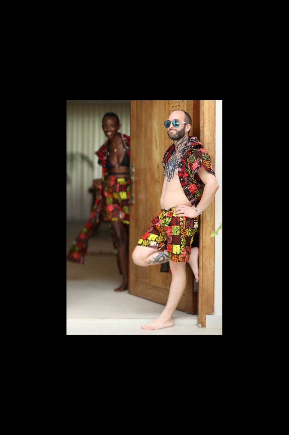Spice Mix African print resort shorts with deep pockets; festival and party outfit, hand-cut in Kenya Zawadi Hat Fashion