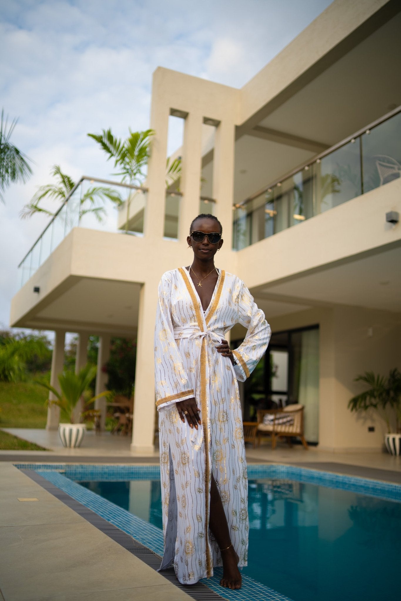 White and gold kimono cover-up with gol trim and removable belt; luxury resort, festival and party outfit, handmade in Kenya