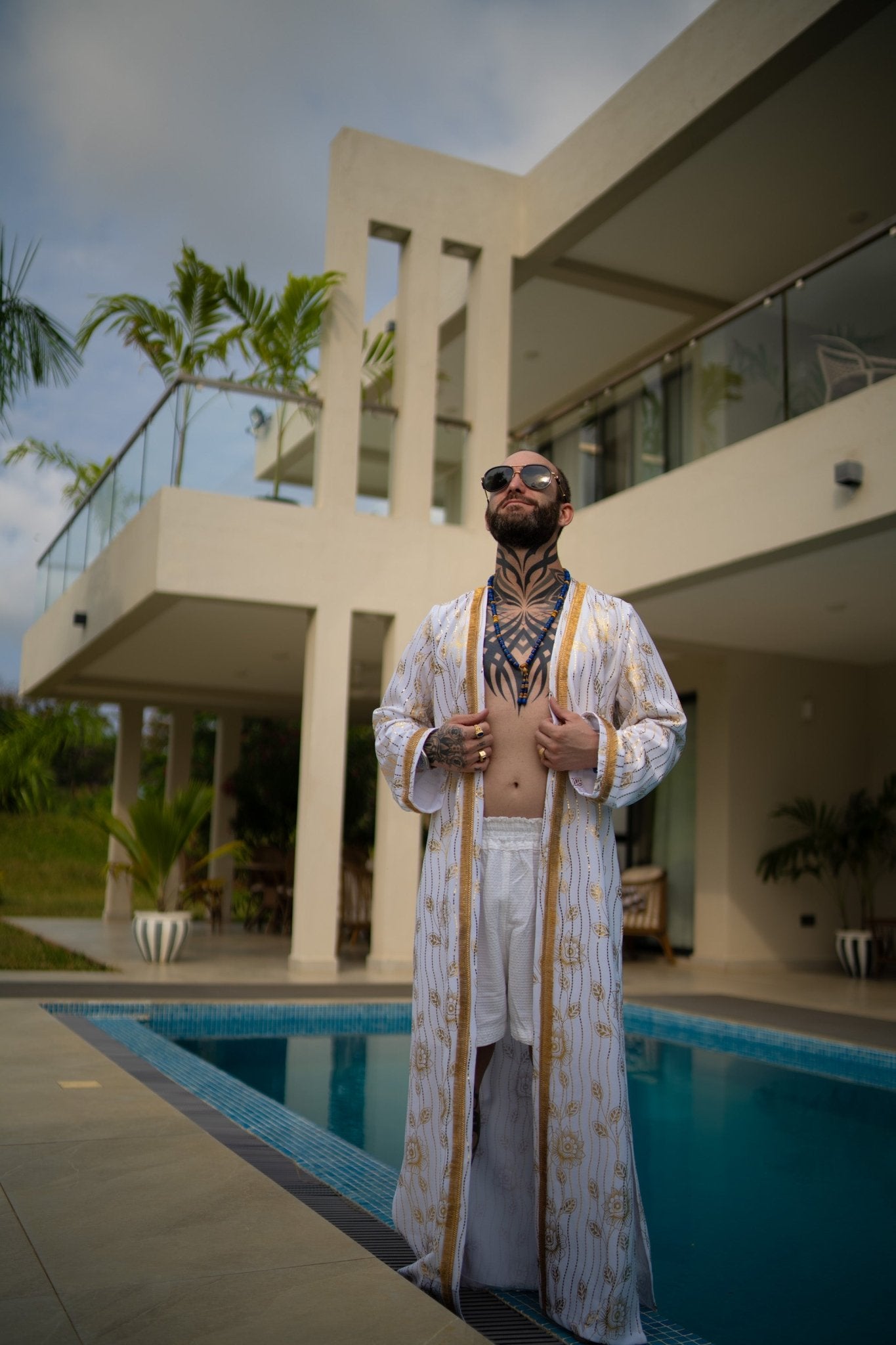 White and gold kimono cover-up with gol trim and removable belt; luxury resort, festival and party outfit, handmade in Kenya