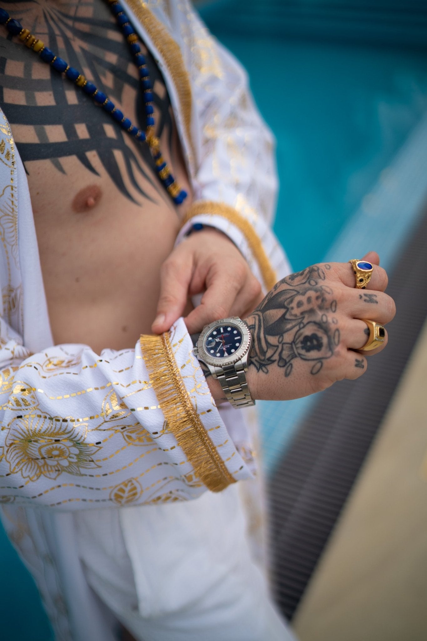 White and gold kimono cover-up with gol trim and removable belt; luxury resort, festival and party outfit, handmade in Kenya