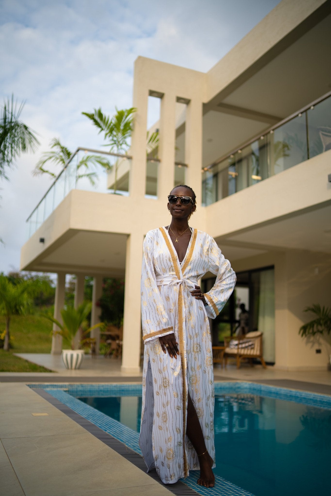 White and gold kimono cover-up with gol trim and removable belt; luxury resort, festival and party outfit, handmade in Kenya